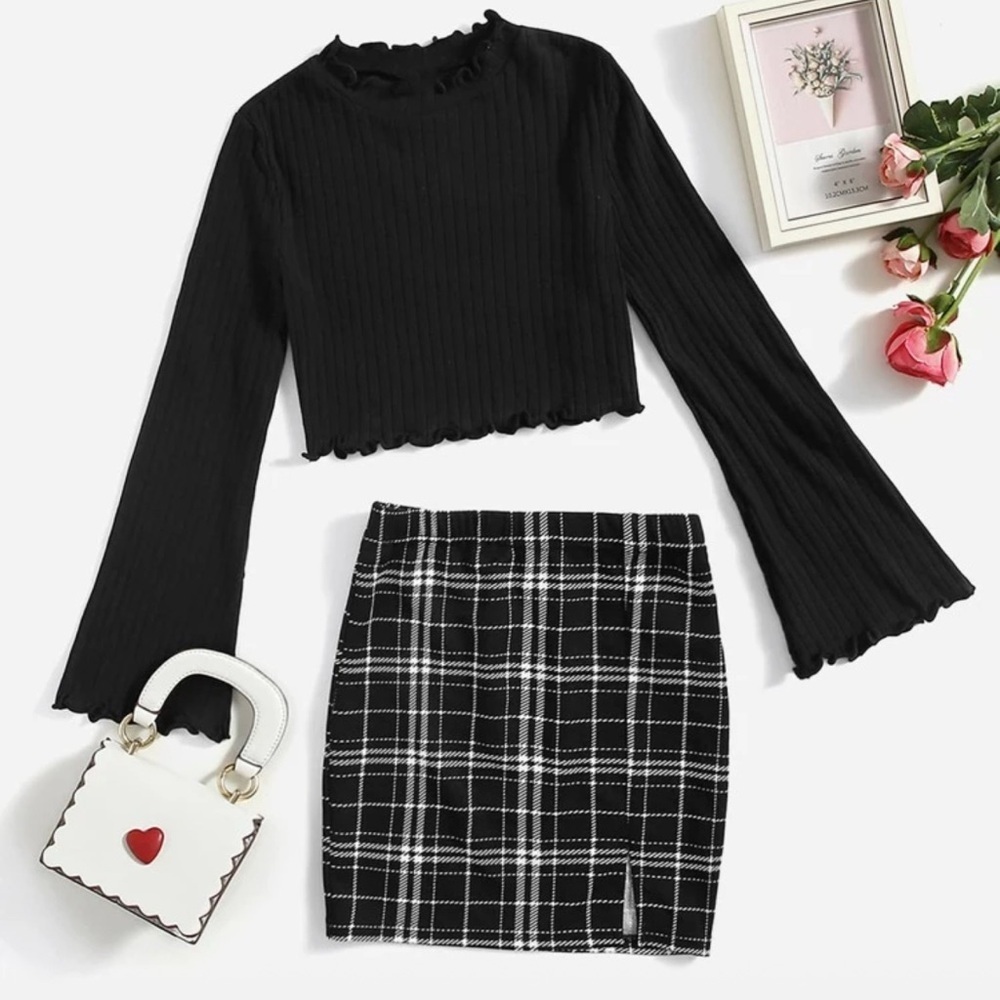 Girls Solid Lettuce Trim Top & Tartan Print Split Hem Skirt